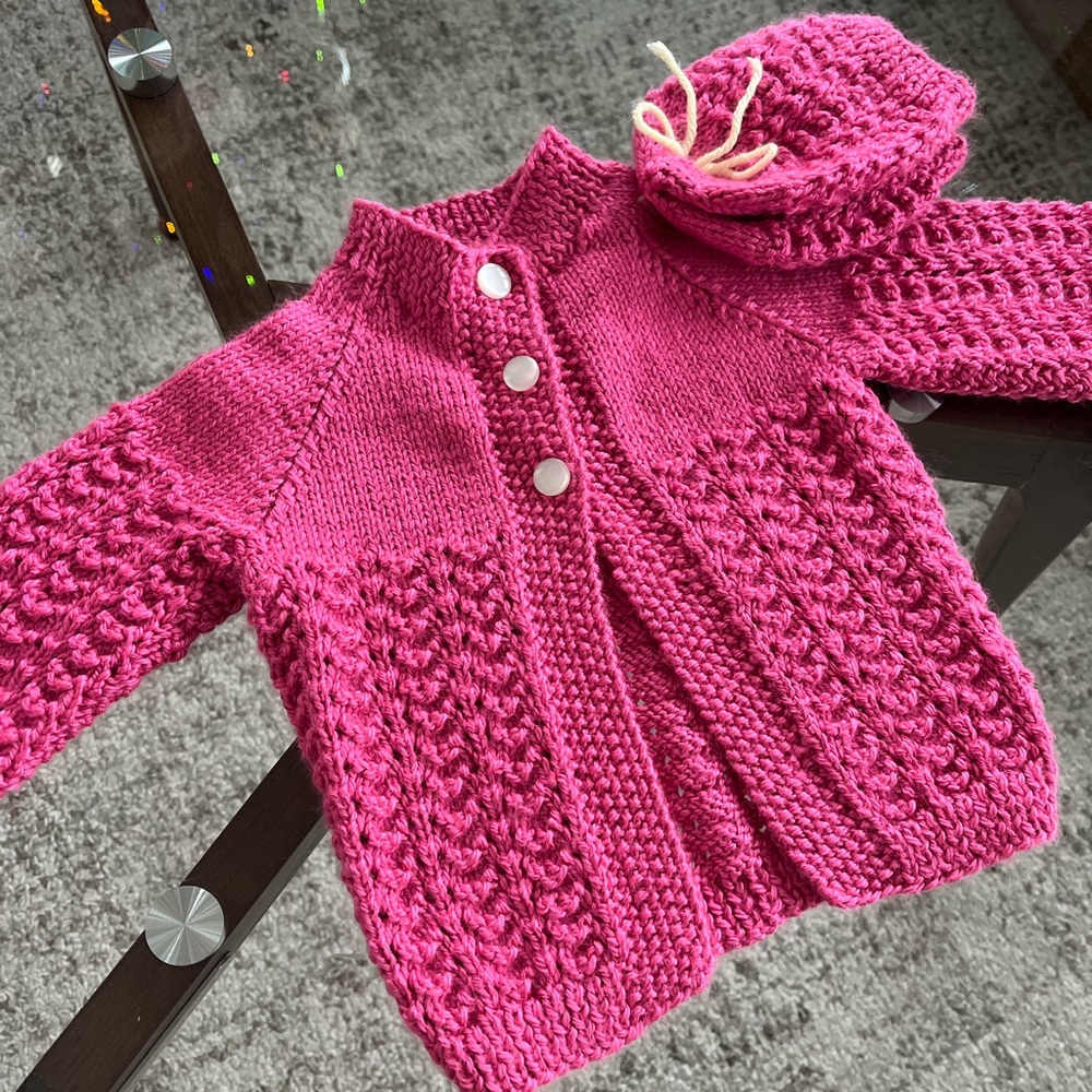 Pink Knitted Baby Cozy Hand knit Crochet Cozy Cardigan and Hat Set Cotagecore